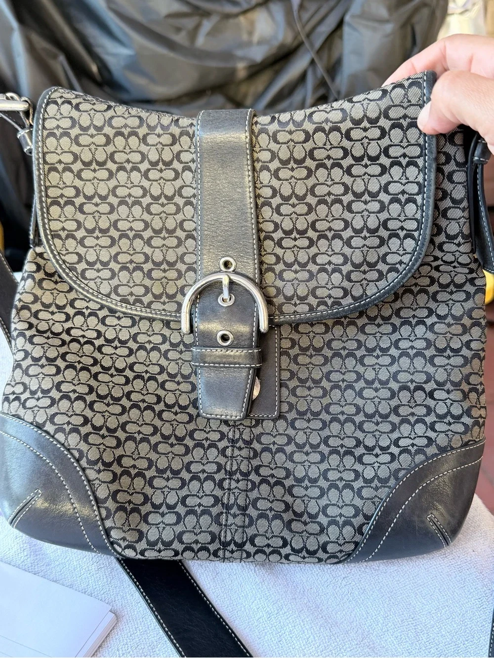 Coach Black and Gray Signature Canvas Flap Shoulder Bag
